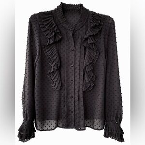 Sezane Blouse Black Ruffled Dotted Swiss long sleeve size 38
